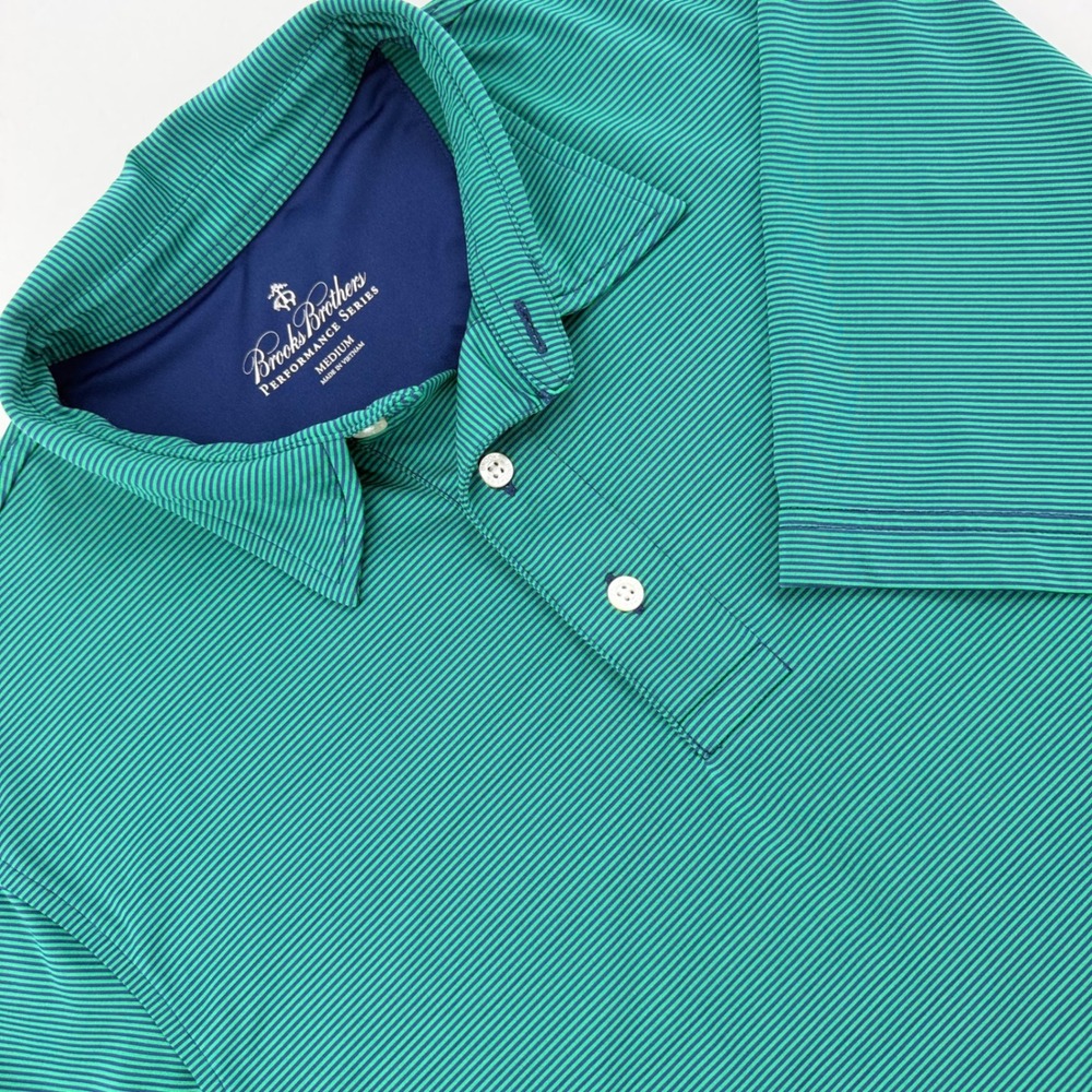 Brooks Brothers Polo Shirt Mens Medium Green Striped Performance Excellent